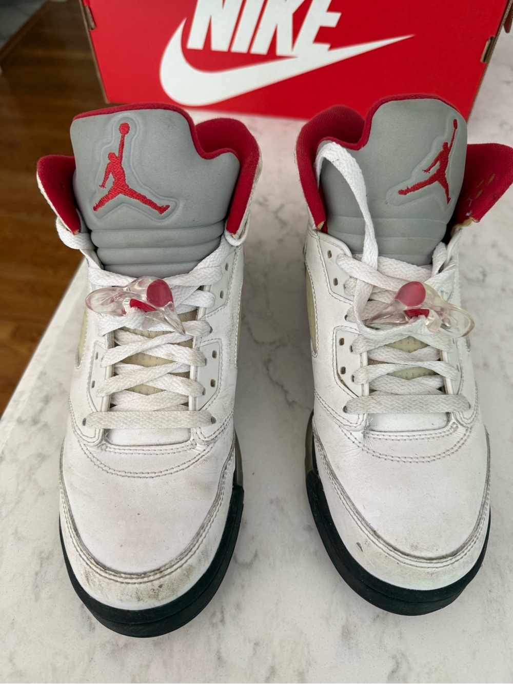 Jordan White and Red High-Top Sneakers